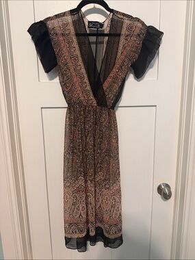 Vintage Union Made 1970s Rare Sheer Paisley Boho V-Neck Midi - Black and Tan
